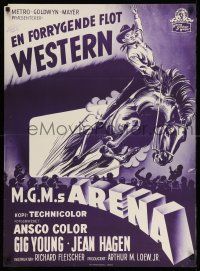 8c152 ARENA Danish '53 Gig Young, Jean Hagen, Polly Bergen, cool art from first 3-D western!