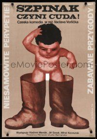 8c220 WHAT WOULD YOU SAY TO SOME SPINACH Polish 23x33 '78 funny Gorka art of baby in too-big boots