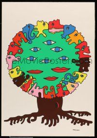 8d158 PEDRO UHART 16x23 art print 1970s cool colorful art of wacky tree with many faces!
