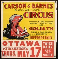 8d099 CARSON & BARNES 5 RING WILD ANIMAL CIRCUS circus poster '50s art of hippopotamus!