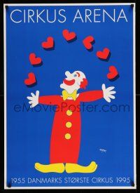8d104 CIRKUS ARENA 24x34 Danish circus poster '95 cool art of clown juggling hearts!