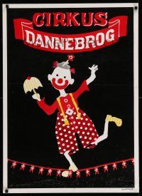 8d105 CIRKUS DANNEBROG 25x35 Danish circus poster '90s art of smiling clown on a tightrope!