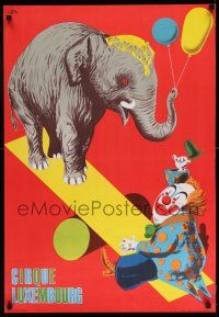 8d107 CIRQUE LUXEMBOURG 23x33 Hungarian circus poster '70s art of clown and elephant on seesaw!