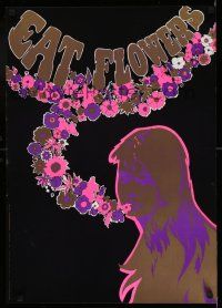 8d671 EAT FLOWERS 21x29 Dutch commercial poster '60s psychedelic art of pretty woman & flowers!
