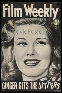 8d353 FILM WEEKLY 20x30 English special '39 Ginger Rogers gets the jitters, smiling close up!