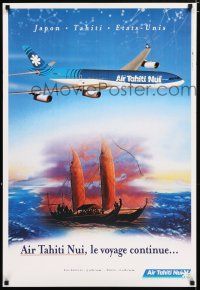 8d019 AIR TAHITI NUI 24x35 travel poster '90s great image of jet over ocean and ship!