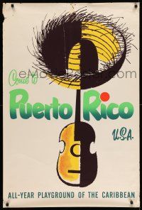 8d024 COME TO PUERTO RICO 28x42 travel poster '60s cool art of sombrero and flamenco guitar!
