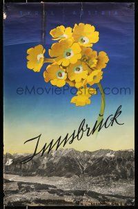 8d046 INNSBRUCK 25x39 Austrian travel poster '50s cool image of flower over mountains!