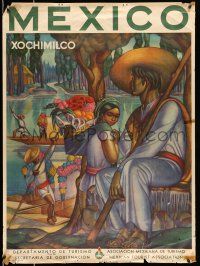 8d068 MEXICO, XOCHIMILCO 27x37 Mexican travel poster '40s cool art of people near a river!