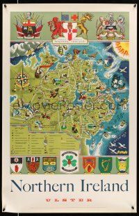8d074 NORTHERN IRELAND ULSTER 25x38 English travel poster '60 cool map of Northern Ireland!