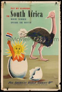 8d032 PAN AMERICAN WORLD AIRWAYS SOUTH AFRICA 28x42 travel poster '52 cool art of ostrich & egg!