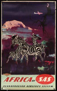 8d049 SAS AFRICA 25x39 Danish travel poster '50s Otto Nielsen wildlife art of zebras!