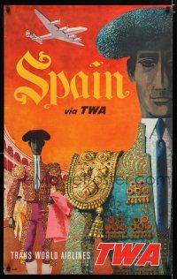 8d036 TWA SPAIN travel poster '50s David Klein artwork of matadors!