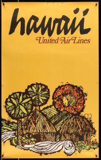 8d041 UNITED AIRLINES HAWAII 24x40 travel poster '67 cool Jebary artwork of huts & palms!