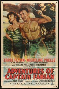 8f015 ADVENTURES OF CAPTAIN FABIAN 1sh '51 art of barechested Errol Flynn & sexy Micheline Presle!