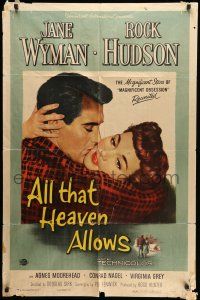 8f026 ALL THAT HEAVEN ALLOWS 1sh '55 close up romantic art of Rock Hudson kissing Jane Wyman!