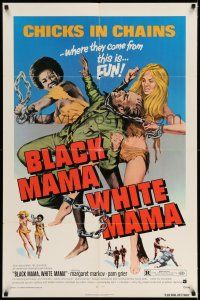 8f075 BLACK MAMA WHITE MAMA 1sh '72 classic wacky sexy art of two barely dressed chicks w/chains!