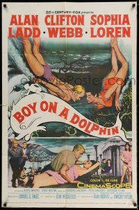 8f091 BOY ON A DOLPHIN 1sh '57 art of Alan Ladd & sexiest Sophia Loren swimming underwater!