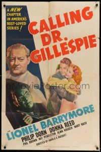 8f100 CALLING DR. GILLESPIE 1sh '42 artwork of Lionel Barrymore, Philip Dorn & young Donna Reed!