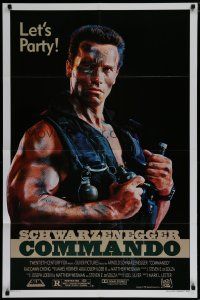 8f148 COMMANDO 1sh '85 cool image of Arnold Schwarzenegger in camo, let's party!