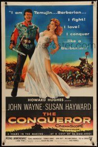 8f155 CONQUEROR style A 1sh '56 barbarian John Wayne grabs half-dressed sexy Susan Hayward!