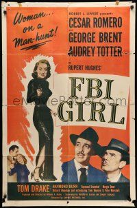 8f258 FBI GIRL 1sh '51 sexy full-length image of Audrey Totter with gun, a woman on a man-hunt!