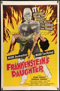 8f291 FRANKENSTEIN'S DAUGHTER 1sh '58 great close up artwork of wacky monster holding sexy girl!