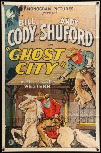 8f319 GHOST CITY 1sh '32 great cowboy western action stone litho art, Bill Cody, Andy Shuford!