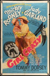 8f325 GIRL CRAZY style D 1sh '43 great art of Mickey Rooney & Judy Garland in cowboy hats!