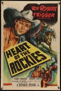 8f386 HEART OF THE ROCKIES 1sh '51 close-up artwork of Roy Rogers & Trigger!