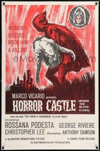 8f411 HORROR CASTLE 1sh '64 Where the Blood Flows, cool art of cloaked figure carrying girl!