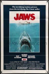 8f450 JAWS 1sh '75 Kastel art of Spielberg's classic man-eating shark attacking sexy swimmer!