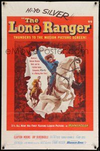 8f515 LONE RANGER 1sh '56 cool art of Clayton Moore & Silver leaping out of the poster!