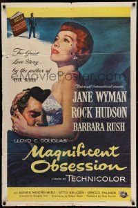 8f538 MAGNIFICENT OBSESSION 1sh '54 artwork of Jane Wyman holding Rock Hudson, Douglas Sirk!