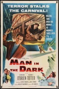 8f544 MAN IN THE DARK 2D 1sh '53 really cool art of men fighting on rollercoaster!
