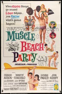 8f583 MUSCLE BEACH PARTY 1sh '64 Frankie & Annette, 10,000 biceps & 5,000 bikinis!