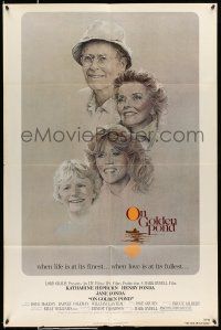 8f612 ON GOLDEN POND 1sh '81 art of Hepburn, Henry Fonda, and Jane Fonda by C.D. de Mar!