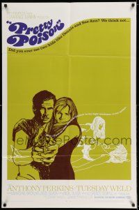 8f664 PRETTY POISON 1sh '68 cool artwork of psycho Anthony Perkins & crazy Tuesday Weld!