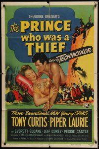 8f669 PRINCE WHO WAS A THIEF 1sh '51 romantic art of Tony Curtis & pretty Piper Laurie!