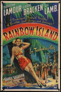 8f686 RAINBOW ISLAND 1sh '44 art of super sexy Dorothy Lamour wearing sarong by palm tree!