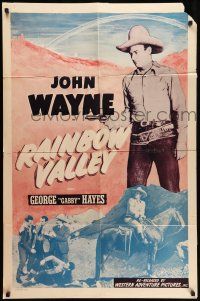 8f687 RAINBOW VALLEY 1sh R40s cool images of John Wayne with gun and horse in the desert!