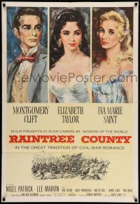 8f688 RAINTREE COUNTY 1sh '57 art of Montgomery Clift, Elizabeth Taylor & Eva Marie Saint!