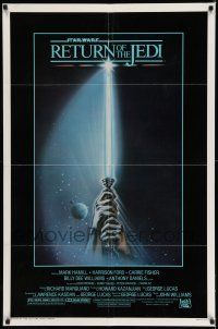 8f704 RETURN OF THE JEDI 1sh '83 George Lucas classic, art of hands holding lightsaber by Tim Reamer