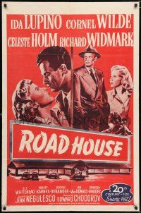 8f718 ROAD HOUSE 1sh R53 art of Ida Lupino about to kiss Cornel Wilde, film noir!