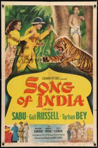 8f811 SONG OF INDIA 1sh '49 Sabu watches Gail Russell & Turhan Bey attack tiger!