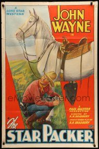 8f001 STAR PACKER 1sh '34 wonderful stone litho art of John Wayne kneeling by horse, ultra rare!
