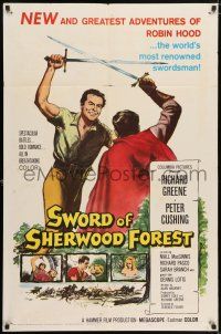 8f862 SWORD OF SHERWOOD FOREST 1sh '60 art of Richard Greene as Robin Hood fighting Peter Cushing!