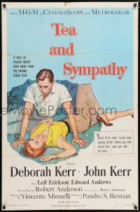 8f876 TEA & SYMPATHY 1sh '56 great artwork of Deborah Kerr & John Kerr by Gale, classic tagline!
