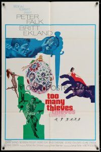 8f911 TOO MANY THIEVES 1sh '66 Peter Falk, Britt Ekland in fishnets, cool sexy crime artwork!
