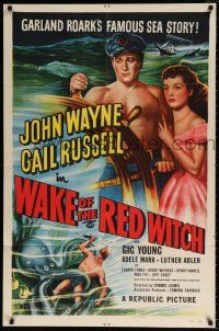 8f946 WAKE OF THE RED WITCH 1sh R52 art of barechested John Wayne & Gail Russell at sea!